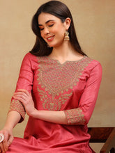 Women Rust Silk Blend Embroidered Straight Kurta Pant Set With Dupatta-PKSKD2315